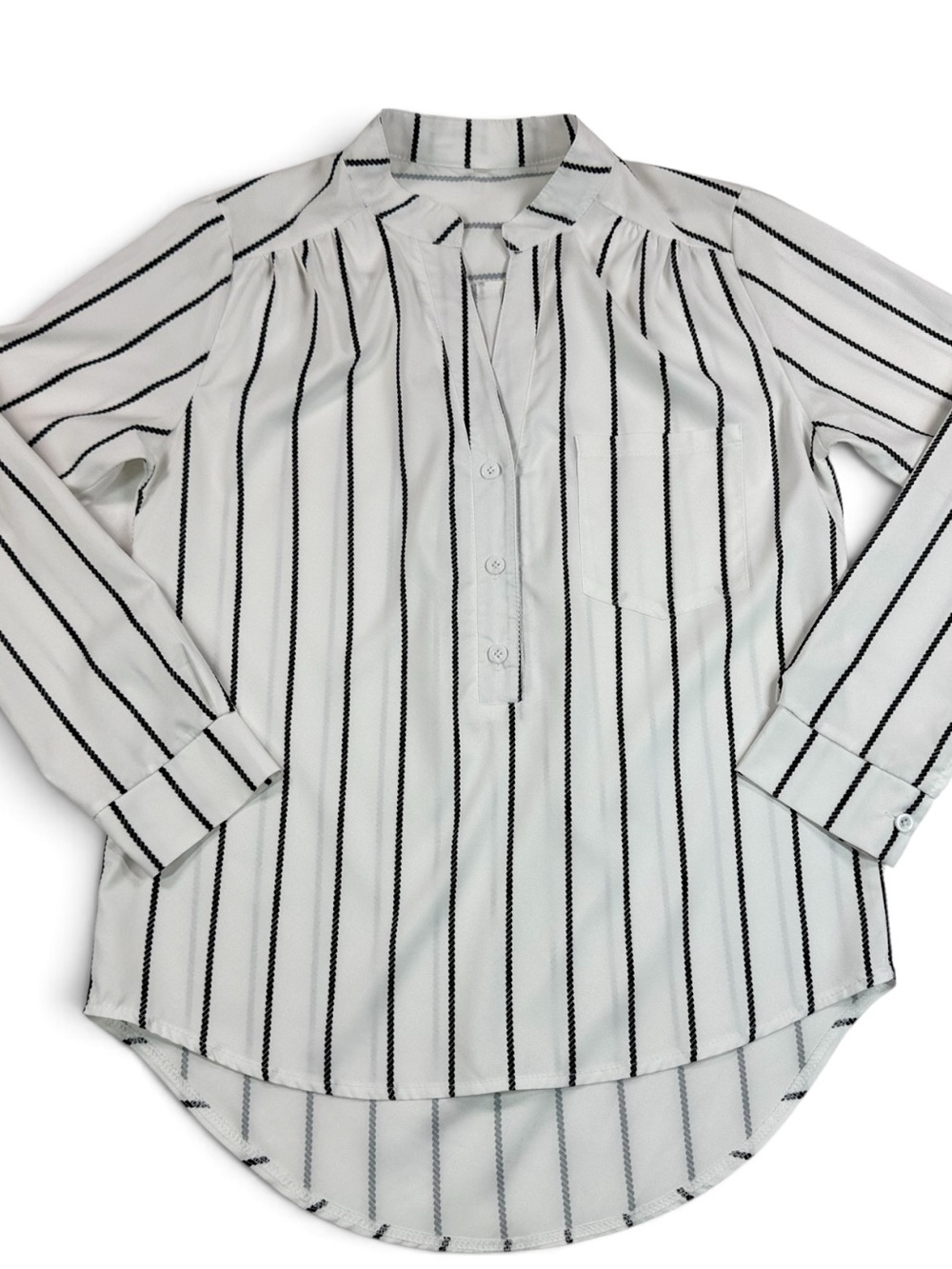Classic White & Black Vertical Striped V-Neck Blouse - Long Sleeve / M